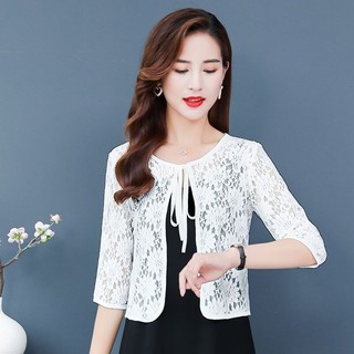 Khăn choàng ren phối bên ngoài áo cardigan thời trang cỡ lớn thon gọn rộng rãi cho nữ áo khoác dễ phối mẫu ngắn chống nắng rỗng áo mùa hè