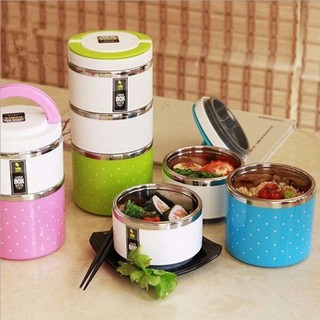 Hộp Đựng Cơm 3 Tầng Chấm Bi Giữ Nhiệt 3 Ngăn Tiện Lợi, Camen giu nhiet ngan, Cap long,