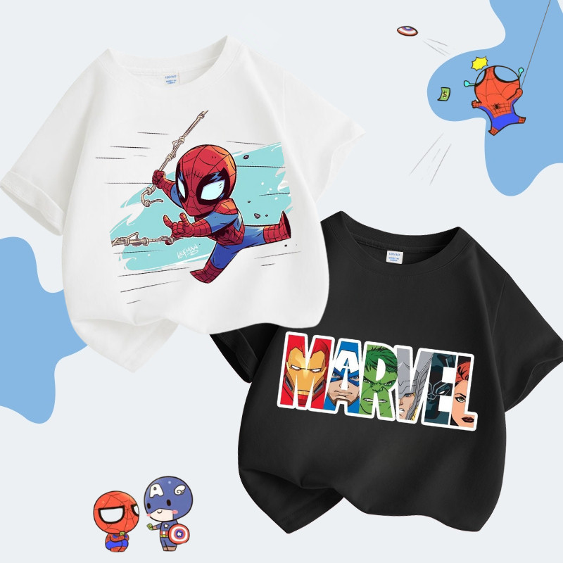 Áo Thun Mùa Hè lavibaby mới 2024 áo thun hoạt hình Marvel siêu nhân in họa tiết thoáng khí mềm mại