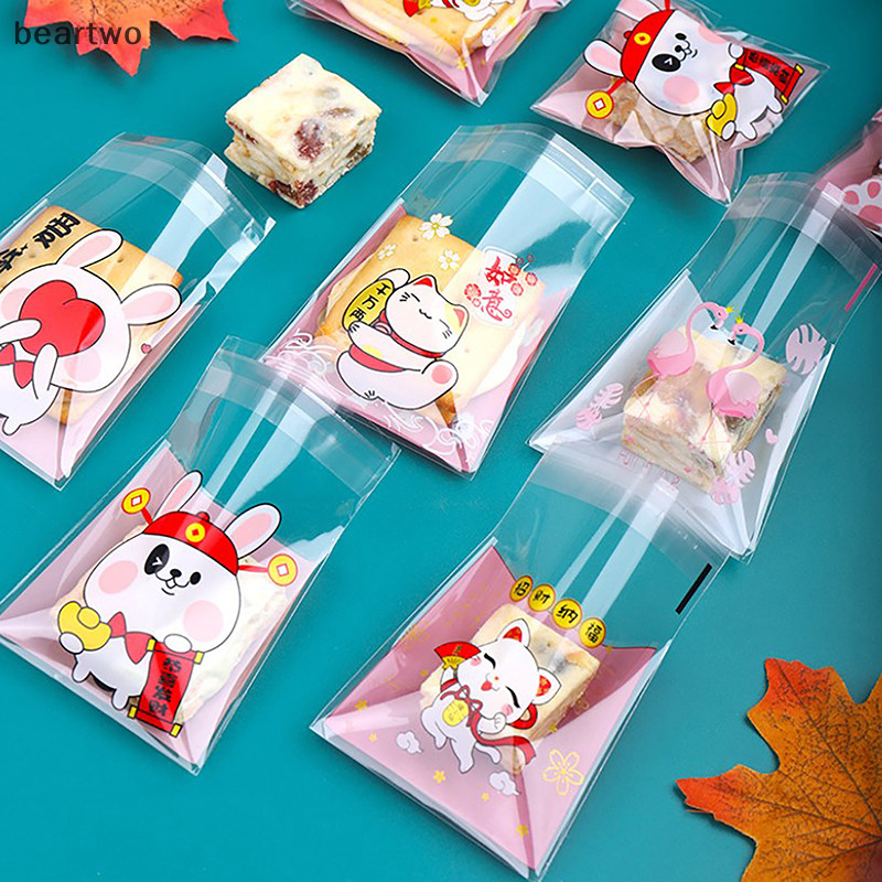 < Beartwo > 100 Túi đóng gói hoạt hình, Túi tự dính nướng nhẹ, Túi đóng gói bánh quy hoạt hình đẹp