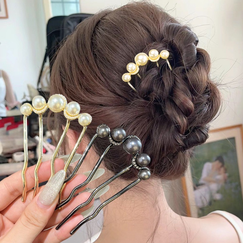Kẹp Tóc Hình Chữ U Ngọc Trai Đơn Giản - Đen, Vàng, Ins Style, Kim Loại Tóc Bun - Kẹp Tóc Mũ Tiệc Cưới - Kẹp Tóc Tạo Kiểu Thanh Lịch Vintage - Dụng Cụ Tạo Kiểu Tóc
