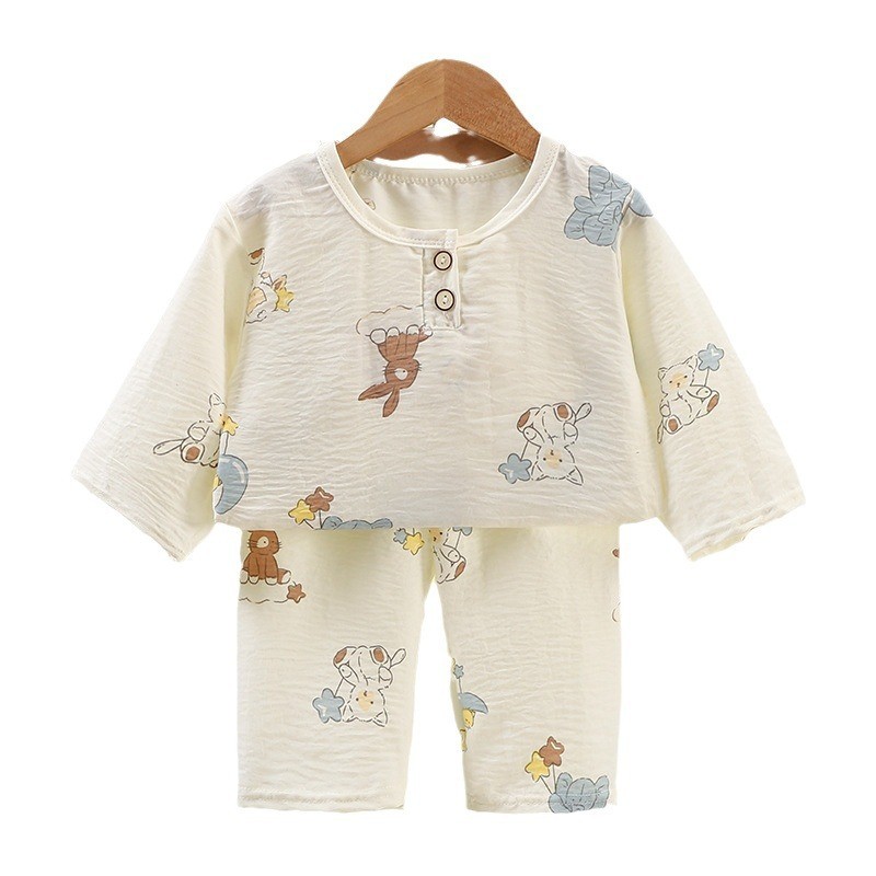 Trẻ Em Mùa Hè Bán Chạy Homewear Phù Hợp Với Trung Tay Điều Hòa Không Khí Quần Áo Giữa Trẻ Em Mây Cotton Mỏng Bộ Đồ Ngủ Bé Trai Bé Gái Quần Giữa Thoáng Mát Comfor