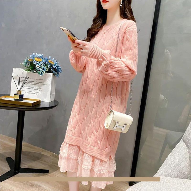 Đầm Dệt Kim Nữ Mùa Xuân Mới Giữa Chiều Dài Ren Mùa Thu Dày Tay Dệt Kim