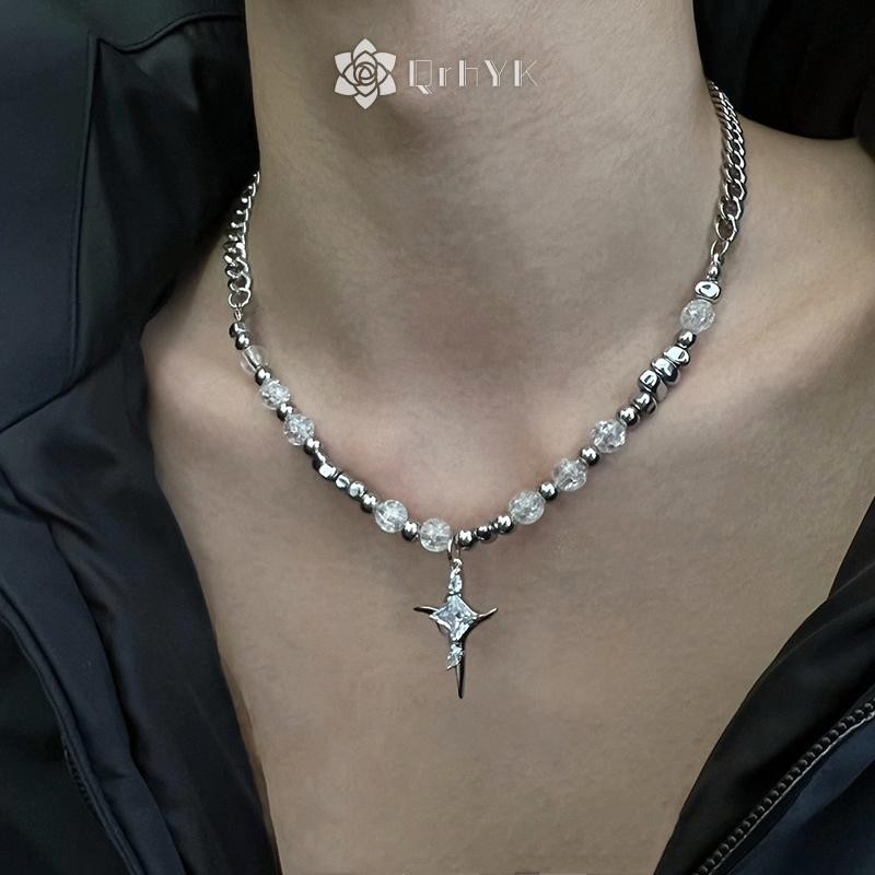 Qrhyk Cao Cấp Cá Tính Titan Thép Vòng Cổ Không Đều Đá Kim Loại Đá Nứt Chéo Vòng Cổ Xương Đòn Dây Chuyền Mới
