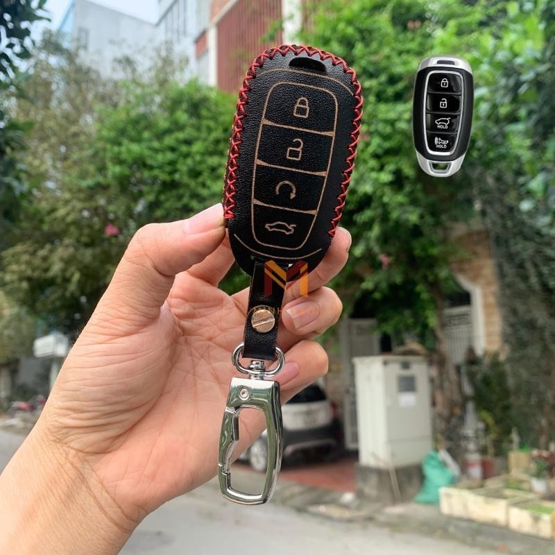 Bao da chìa khoá bọc ốp chìa khoá xe ô tô Huyndai Accent, Elantra  4 nút bấm da bò thật, khâu thủ công