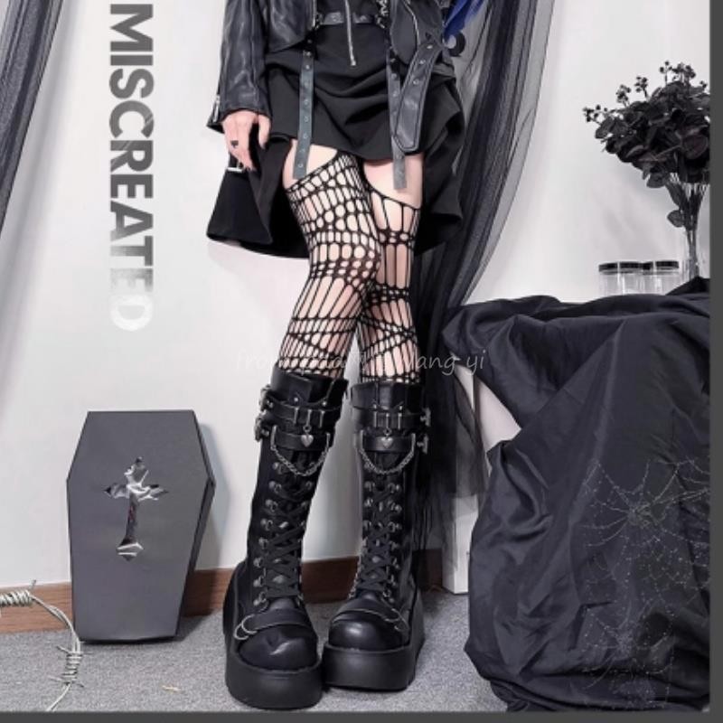 Mùa Thu Phong Cách Mới Màu Tối Phong Cách Punk Đế Dày Giày Hiệp Sĩ Tất Cả Trận Đấu Nhật Bản Bông Tai Kẹp Ngón Chân Lớn Giày Ren Giữa Ống Boot