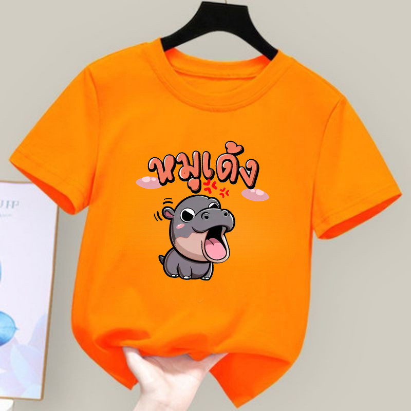 Moodeng hippo Hoạt hình đầy màu sắc Đồ họa Áo thun ngắn tay cho trẻ em Quần áo sành điệu và vui nhộn