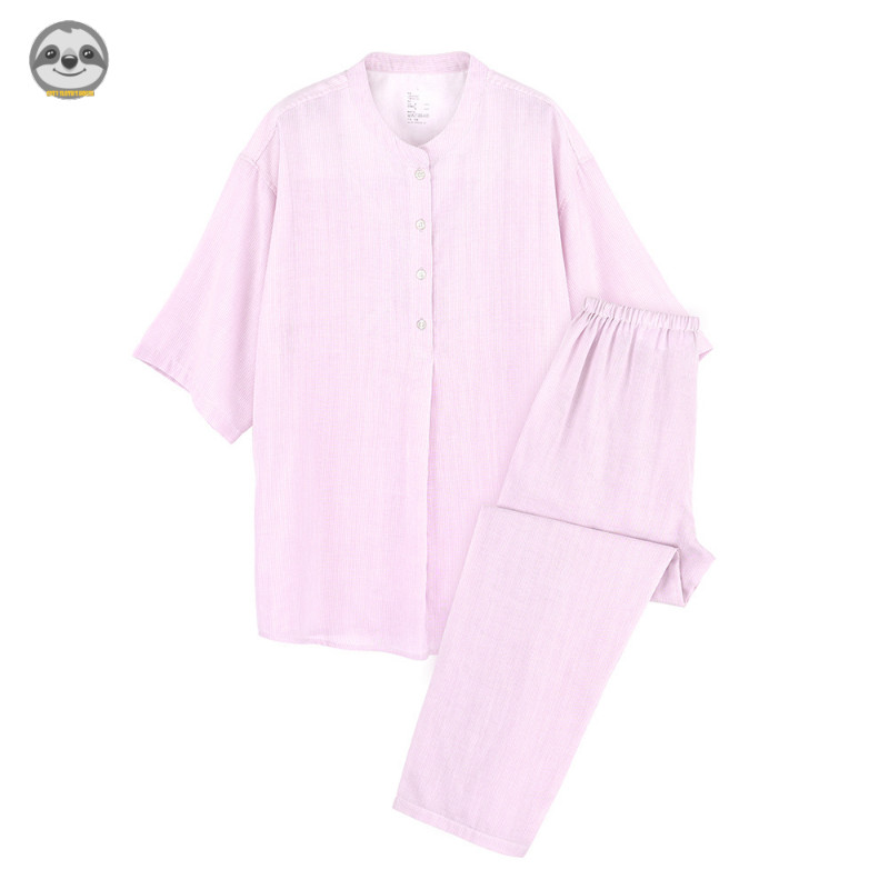 Phong cách Nhật Bản Phong cách Muji / Nữ Sợi Cotton mịn nửa tay Loungewear / Bộ đồ ngủ liền mạch Pinstripe / Bộ đồ ngủ sợi đôi Cotton