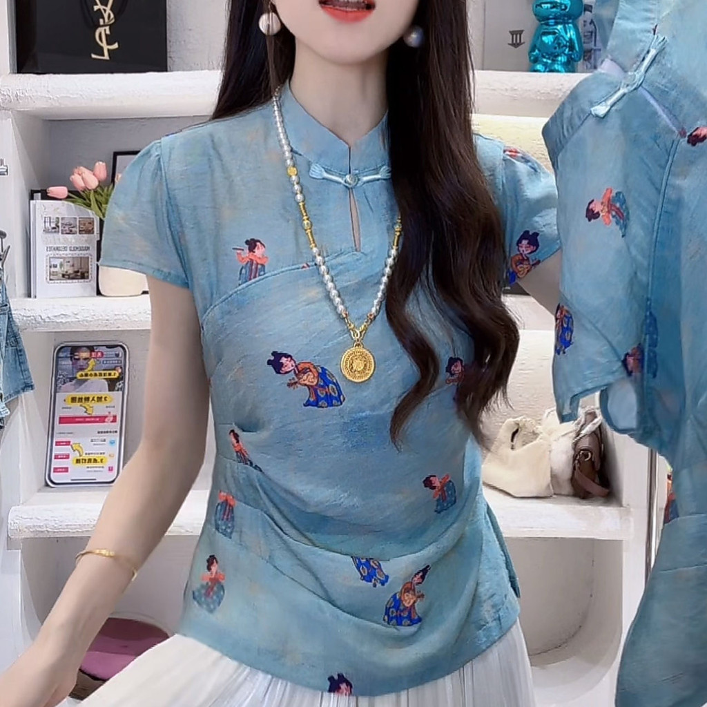 Mùa Hè 2025 Mới Phong Cách Trung Hoa Khóa Chảo Phong Cách Trung Hoa Đường Triều In Hình slim fit Áo Sơ Mi Tay Ngắn Cho Nữ