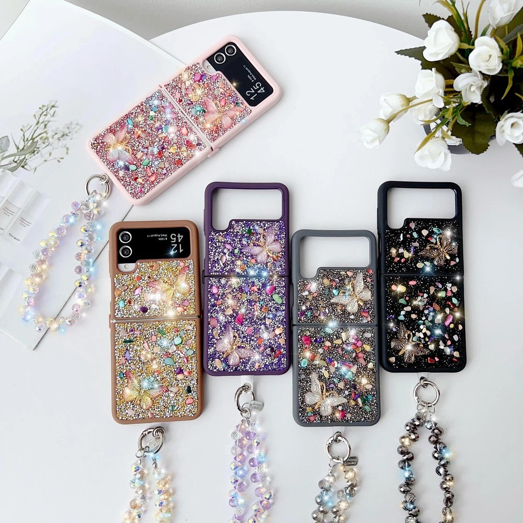 Ốp Điện Thoại Lấp Lánh Sang Trọng Cho Samsung Galaxy Z Flip 7 6 5 4 3 Flip7 Flip6 5G Dễ Thương Bling Đá Pha Lê Cổ Tay Bao