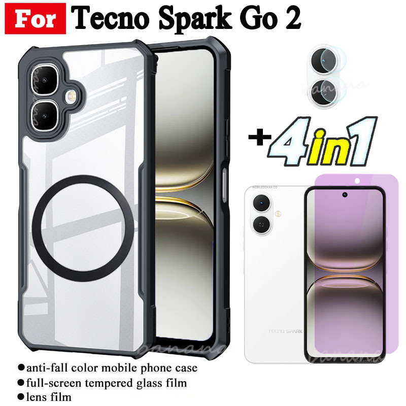 Ốp điện thoại chống sốc 4 trong 1 Tecno Spark Go 2 có nhãn dán sạc không dây từ tính cho Tecno Spark Go 1 Go 1s Go 2025 2024 2023 Kính cường lực và ống kính chống tia xanh