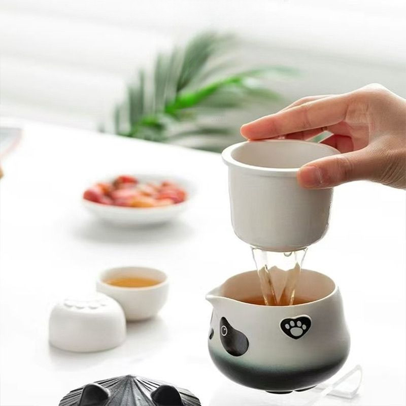 ✨Bộ trà gốm Panda Bộ trà du lịch di động ngoài trời Một nồi Hai cốc có túi Văn phòng / Hộ gia đình Giải trí Bộ trà Kung Fu
