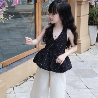 S455-Set áo Yếm chấm bi phối quần suông cho bé gái size từ 8-30Kg