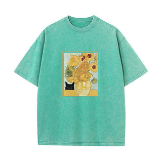 Van Gogh Đen Mèo Áo Thun Ngộ nghĩnh Hoa In Hình Áo Nam Nữ Rửa Vintage Tay Ngắn Áo Thun Thường Ngày Dạo Phố Áo Thun Mùa Hè