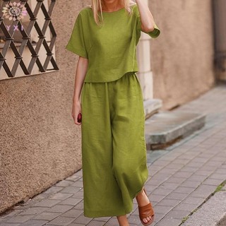 Bộ hai mảnh cotton và lanh thanh lịch, short sleeves, phù hợp cho nữ vào mùa hè