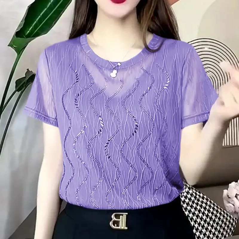 Mùa hè 2025 - Áo sơmi ren mỏng nữ, cổ tròn, tay ngắn