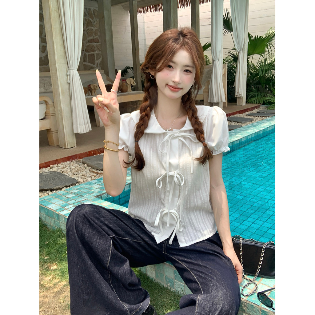 SUXI Áo sơ mi buộc cổ búp bê ngọt ngào dành cho nữ mùa hè