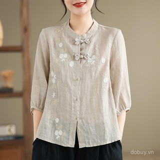 Áo sơ mi nữ style Trung Quốc, thêu tỉ mỉ, cổ Mandarin thời thượng