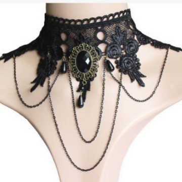(1 cái)Vòng cổ Choker và vòng tay liền nhẫn hoa hồng phối ren phong cách Lolita