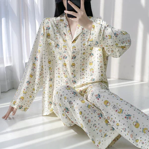 Một Bộ Đồ Ngủ Nữ Hai Mảnh Vải Cotton Lụa Dài Tay, Phù Hợp Cả Mùa Xuân và Mùa Hè