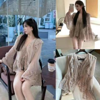 áo tơ bèo phối ren ống tay mềm mại form cổ V tiểu thư sang chảnh đi chơi đi biển du lịch