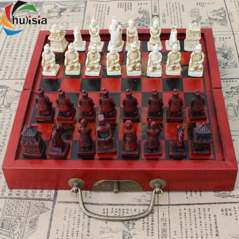 chulisia 1 Bộ Cờ Vua Trung Quốc Bàn Gỗ Thu Nhỏ Bảng Cờ Vua Cờ Vua