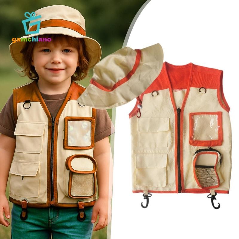 Gamchiano Trẻ Em Explorer Vest Và Mũ Hàng Hóa Áo Vest Và Mũ Cho Bé Trai Bé Gái Trẻ Em Trang Phục Cho Công Viên Ranger Cổ Sinh Vật Học Câu Cá Cắm Trại