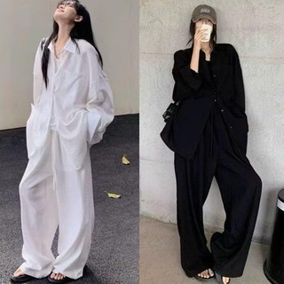 Set đồ Bigsize nữ sơ mi dài tay phối quần suông lưng chun ống rộng vải đũi phong cách basic, nhiều màu - SET858