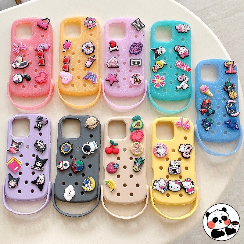 Crocs Silicon Ốp Lưng Điện Thoại iPhone 16 15 14 Pro Max 13 16ProMax 15ProMax 14ProMax Cover Hoạt Hình Dễ Thương Lỗ Giày Lấp Lánh Trong Suốt Thạch Chống Sốc Thoáng Khí Dây Đeo Tay Vỏ Mềm
