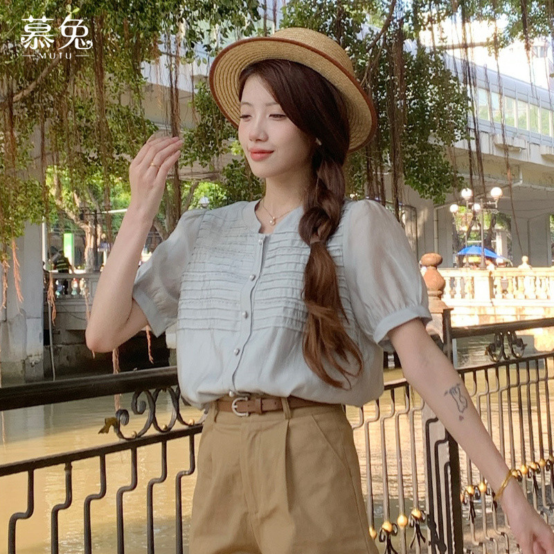 Mutu Áo Sơ Mi Retro Haze Xanh Cho Nữ Mùa Hè 2026, Thiết Kế Xếp Ly Tay Ngắn Cổ Tròn