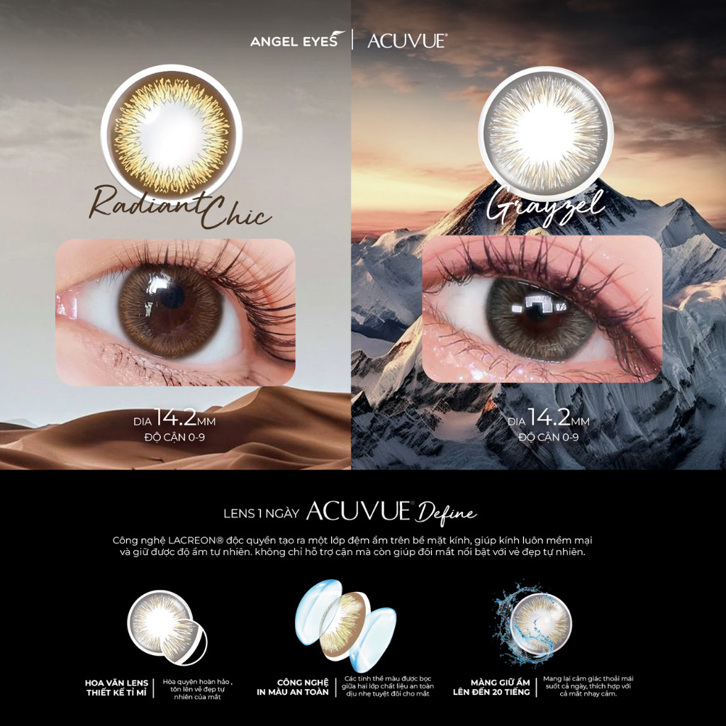 Kính áp tròng 1 ngày màu xám tự nhiên Grayzel - ACUVUE Define Angel Eyes  độ cận 0-9 giãn nhẹ 14.2mm