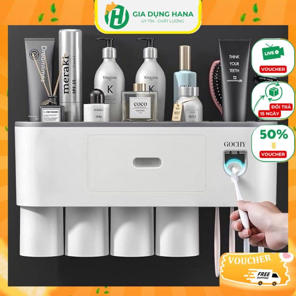 Bộ Nhả Kem Đánh Răng Tự Động GOCHY 2 Cốc, 2 Nhả Kem Dán Tường Tiện Lợi ...
