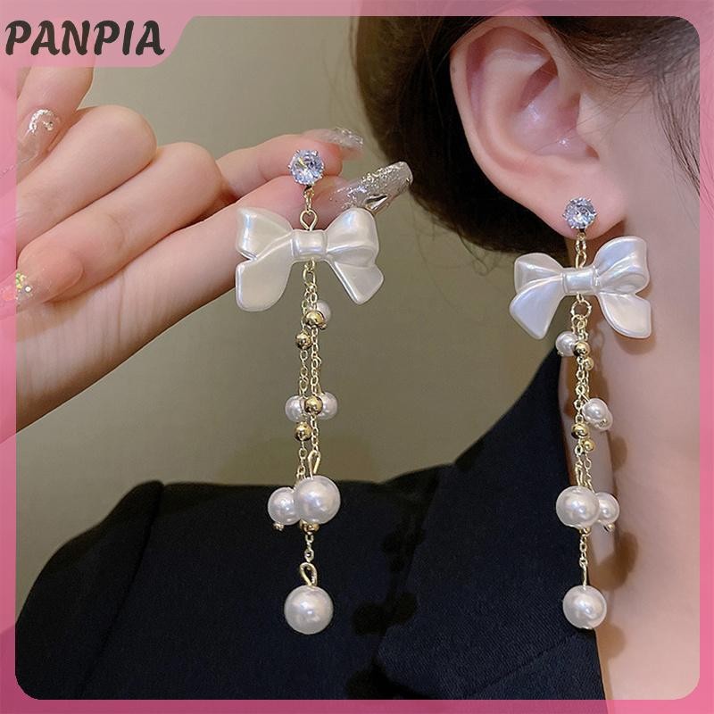 PANPIA-Phụ Nữ Dài Ngọc Trai Nơ Bông Tai Thanh Lịch Thẩm Mỹ Xu Hướng Hàn Quốc Tua Rua Tòn Ten Bông Tai Phụ Kiện Trang Sức Quà Tặng Cổ Tích