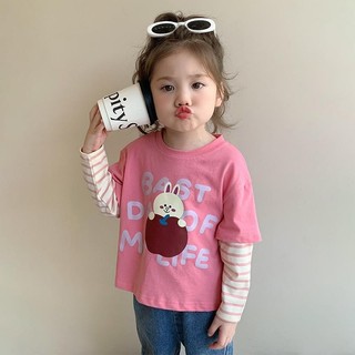 Mùa Xuân Thu Phong Cách Mới Bé Gái Sọc Dài Tay Áo Thun Trung Nhỏ Trẻ Em Dễ Thương In Hình Thỏ Đáy Áo Sơ Mi Bé Khâu Top