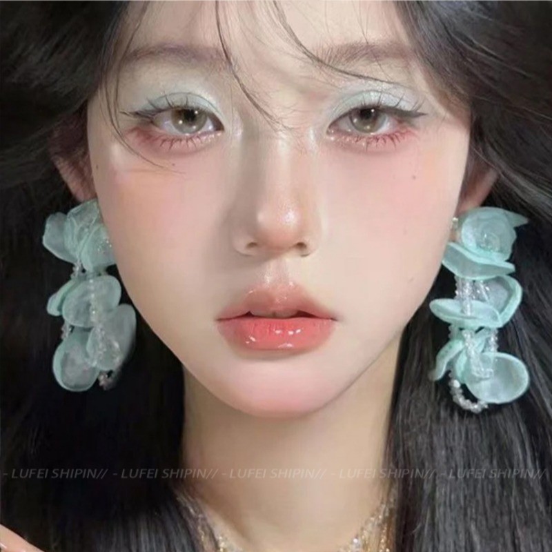 Bông tai nữ voan xanh Bông tai hình tua rua Hàn Quốc