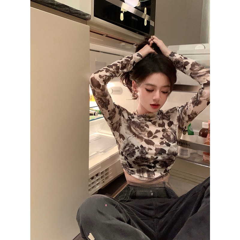Milyfashion Retro Hoa Hồng In Gạc Ngắn Rốn lộ Áo thun dài tay cho bé tee xuyên thấu