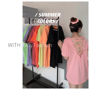 Milyfaashion Mùa Hè Thiết Kế Tay Ngắn Gợi Cảm Dây Rời Kích Thước Lớn Giữa Chiều Dài Áo Thun