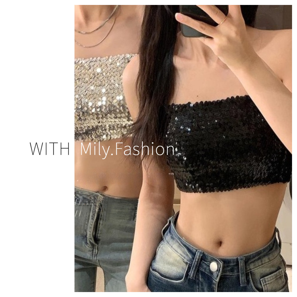 Milyfashion Sequined Tube Top Hot Girl Style Strapless Outer Short Top