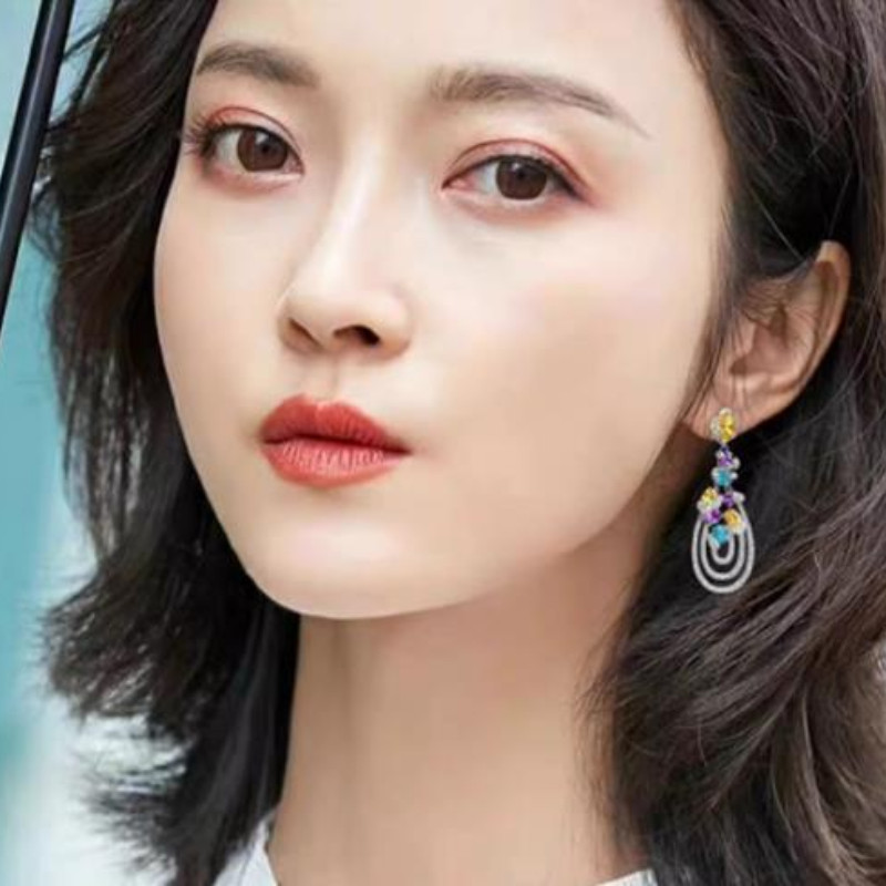 T Sang Trọng Nhiều Màu Sắc Zircon Tua Rua Bông Tai Giọt Nước Dài S925 Kim Bạc Sản Phẩm Mới Nhẹ Bông Tai Thời Trang Sang Trọng