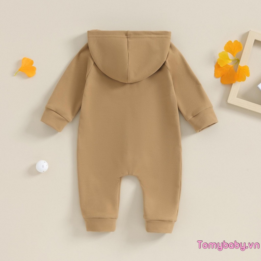 Bộ áo liền quần có mũ trùm đầu mùa thu màu trơn dài tay có dây kéo đóng cửa Áo liền quần thông thường cho bé gái bé trai