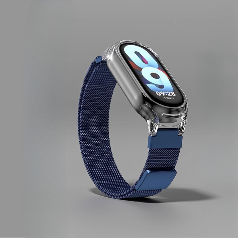 Dây đeo lưới kim loại cho Mi Band 9 8 Smartwatch Dây đeo cổ tay Xiaomi Mi Band 3 4 5 6 7 Vỏ trong suốt Dây đeo đồng hồ từ tính có vỏ trong suốt