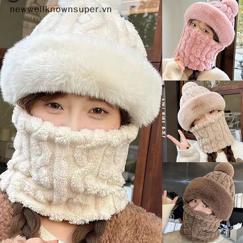Mũ len xoắn kèm khăn quàng cổ quả bông giữ ấm cổ tai kín mặt