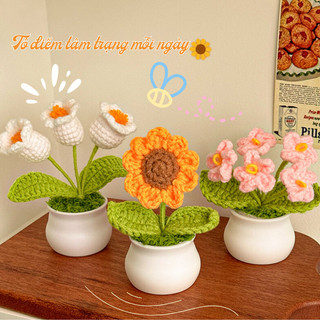 Đồ Trang Trí Nhỏ Để Bàn Hoa Giả Dệt Kem Len Myd.23 Chậu Hoa Len Handmade Thủ Công Mini Làm Quà Tặng Sinh Nhật