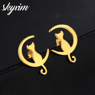 Skyrim Bông tai bằng thép không gỉ Bông tai họa tiết mèo mặt trăng Bông tai nữ Trang sức thời trang