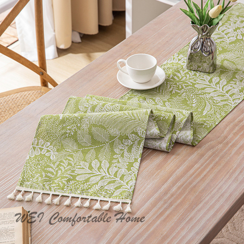 Cờ bàn màu xanh lá cây tươi nhỏ in hình khăn bàn ăn dài giả cotton lanh tua rua cờ bàn Bàn trà cờ Tủ giày cờ