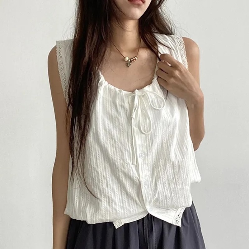 SUXI Áo sơ mi ren không tay đơn giản mùa hè mới dành cho nữ 250701