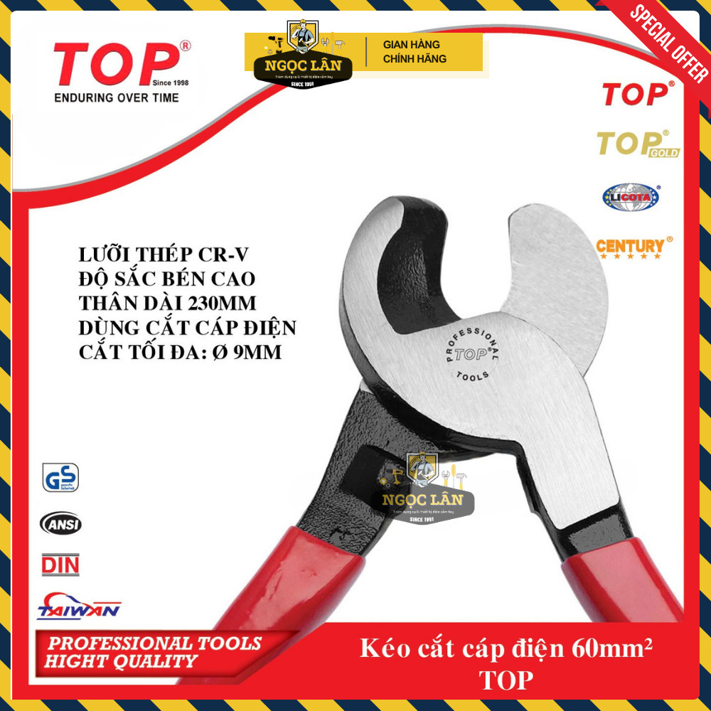 [Chính hãng TOP] Kìm cắt dây cáp điện 60mm2 TOP (tối đa phi 9mm) thép CR-V hàng Đài Loan cao cấp
