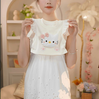 ((Túi miễn phí) Bé Gái KT Cat Tay Bay Dây Rút Tay Ngắn Ngọt Ngào Quần Mùa Hè Dễ Thương Cho Bé Phù Hợp Với