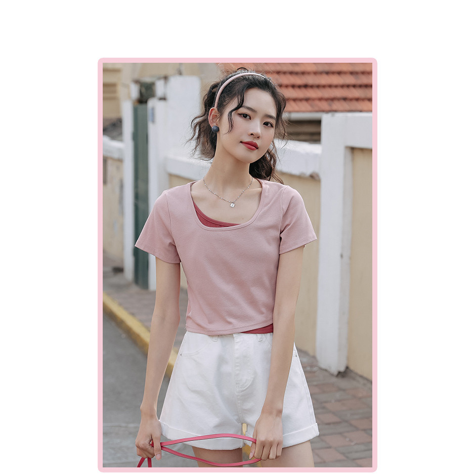 Áo thun nữ bông nguyên chất màu hồng thiết kế mới mỏng nhẹ cho mùa hè