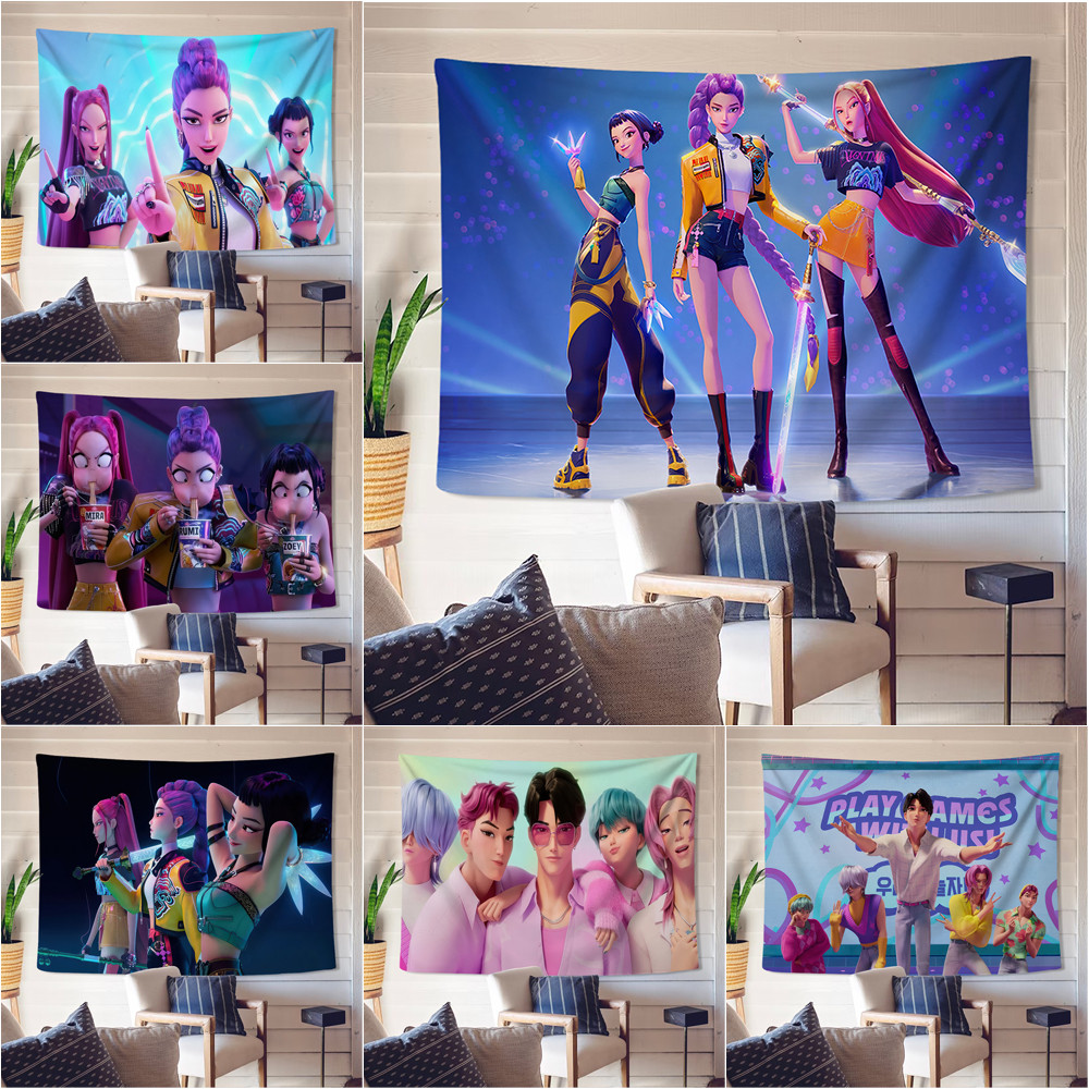 KPop Demon Hunters Tấm thảm treo tường có kẹp Tấm thảm Polyester Treo tường phòng ngủ